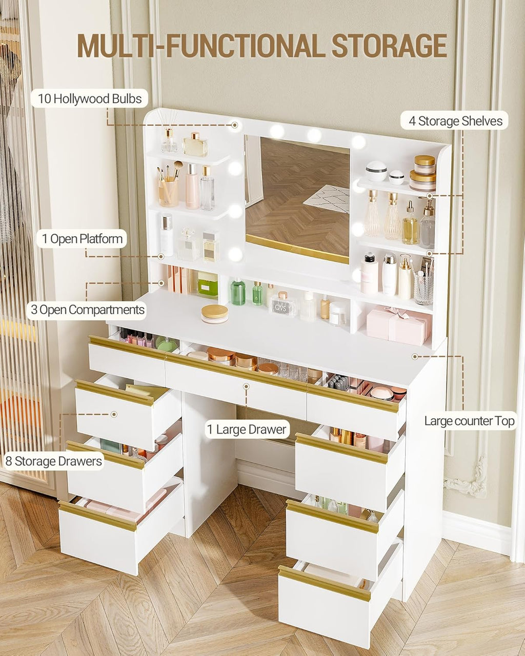 Hzuaneri Toaletka z 10 Kloszami Led, 3 Kolory, Regulowana Jasność, Duże Lustro Hd, 1 Duża Szuflada i 8 Małych Szuflad, 9 Otwartych Schowków, Biała DT35703X